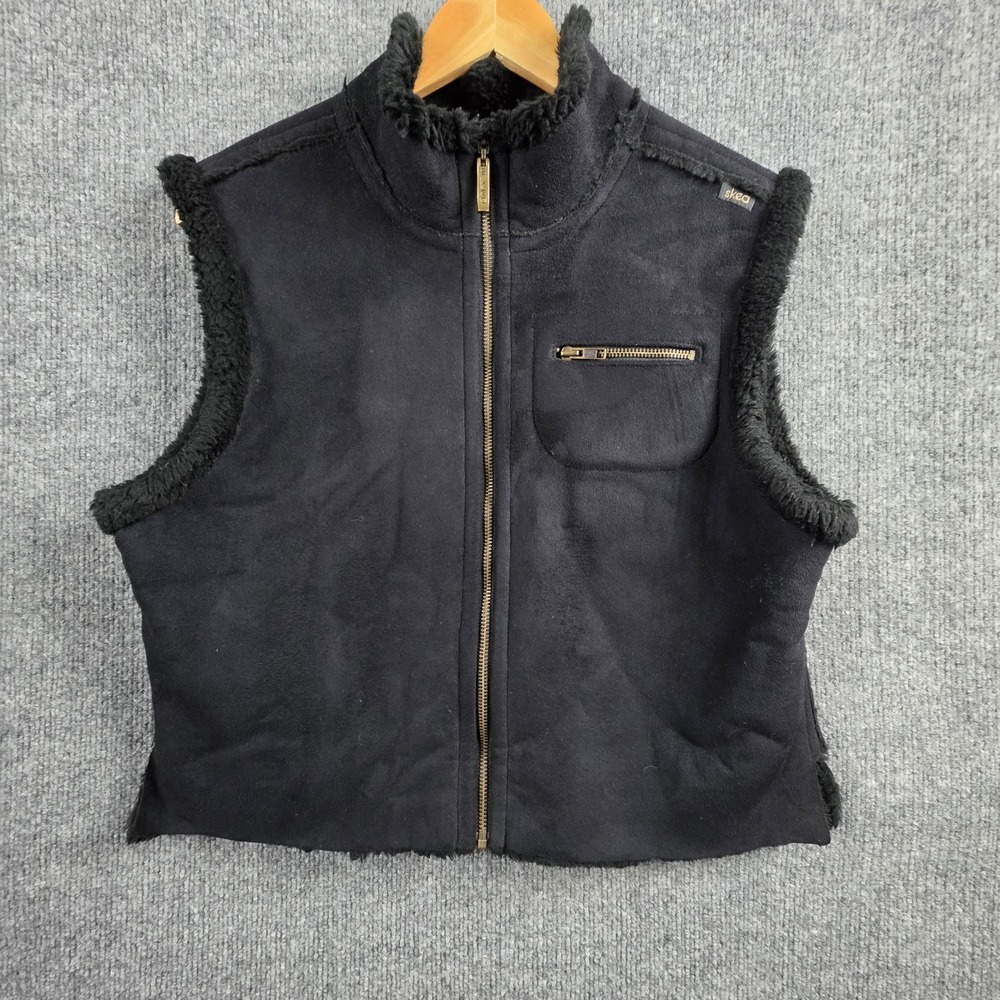 Skea Woman's M Vest Black Faux Suede‎ Leather Sherpa Fleece Lined